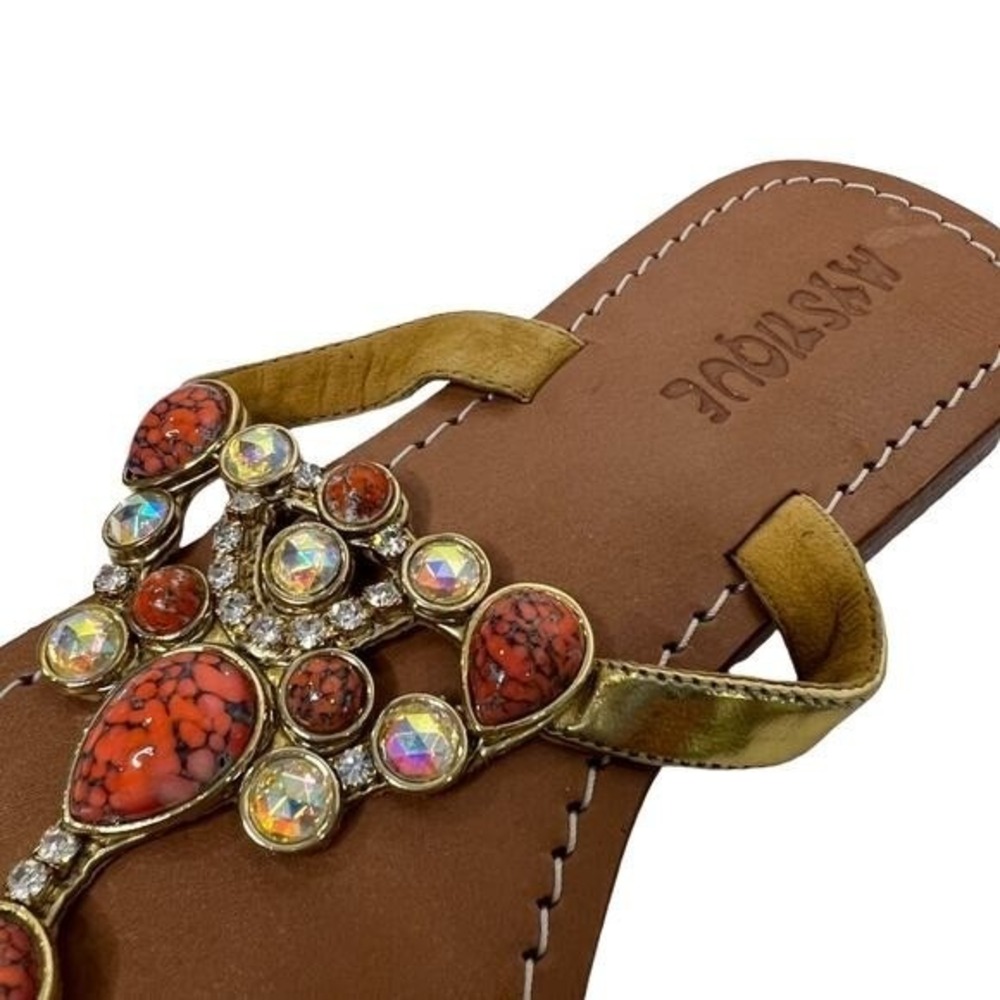 Mystique Gold Leather Jeweled Thong Sandals Orange Faux Turquoise Crystal Flat - Picture 8 of 11